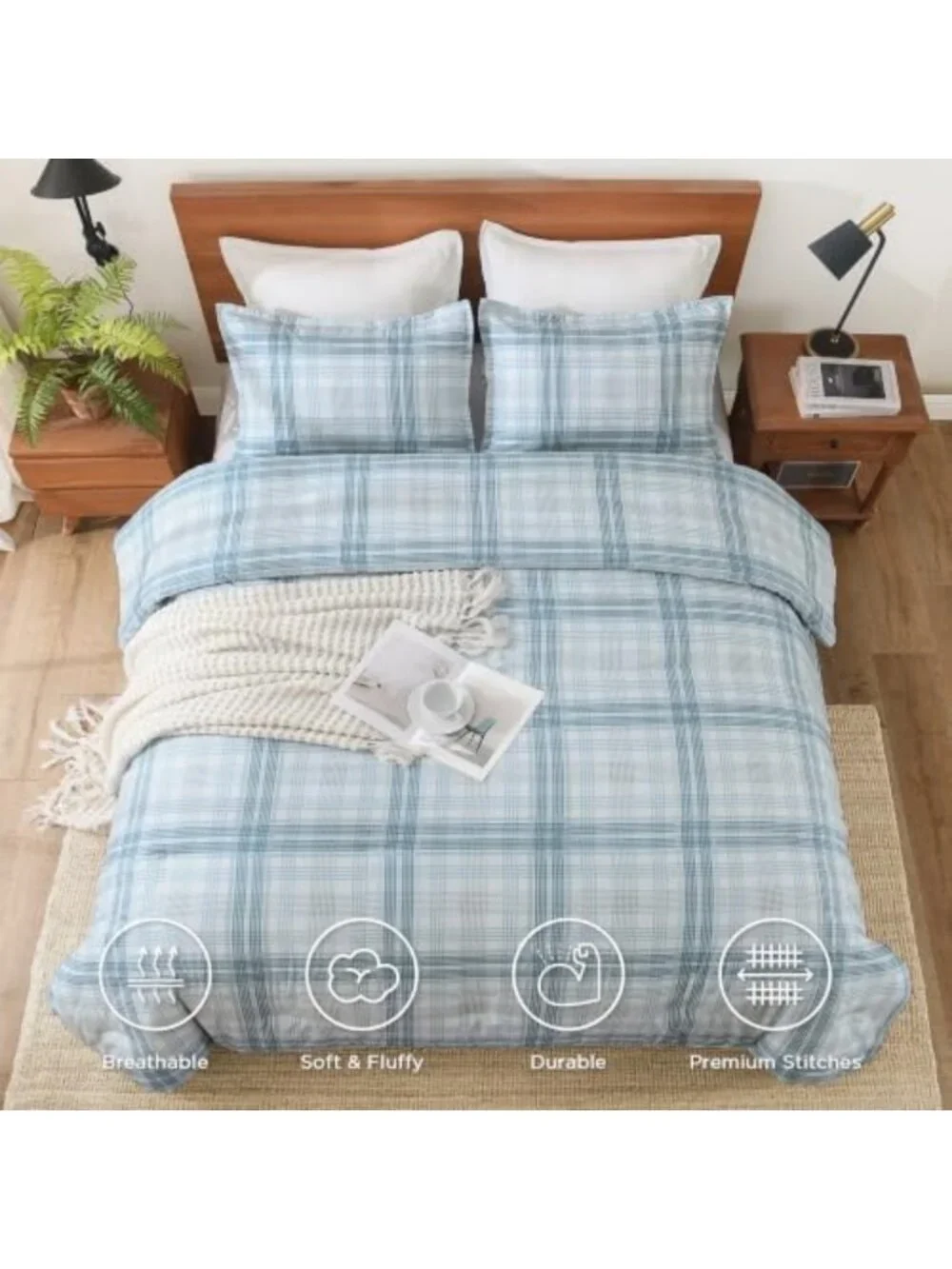 Cozy Blue Plaid Comforter Set Full Size | Gingham Checkered Bedding Ensemble